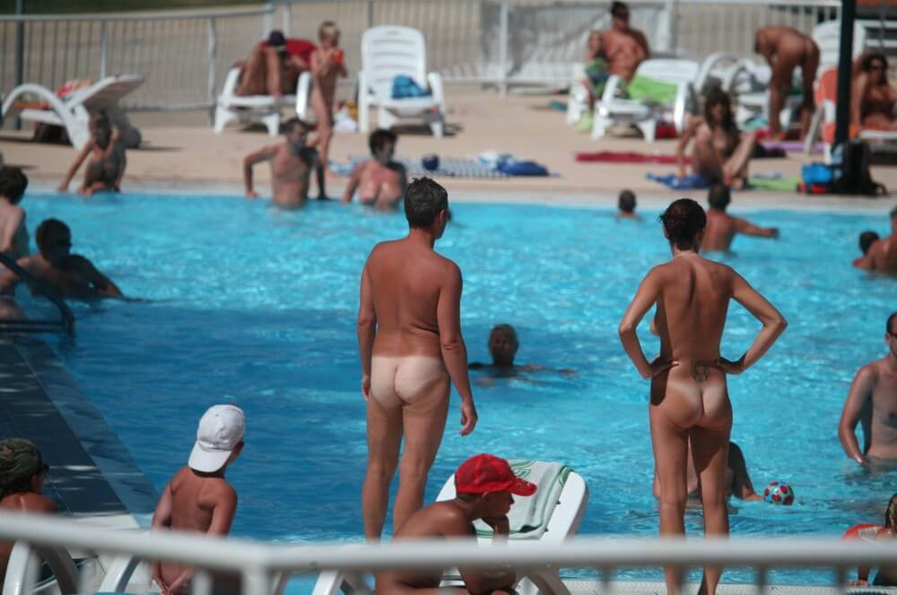 Pool-Shore Group Exercise - Down with Shame—Become a Nudist