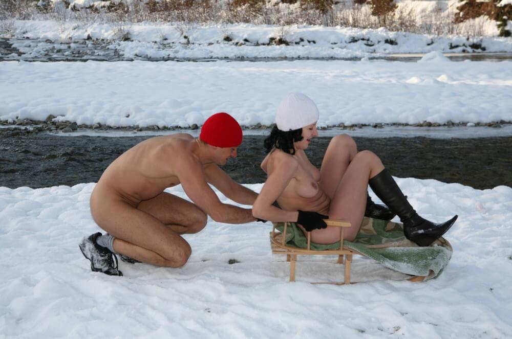 Naturist Girl Snow Day Couples Sled pics - A nudist values inner balance and peace of mind